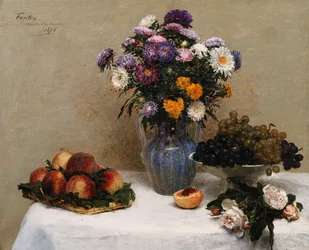 Rose bianche e crisantemi in un vaso - Pesche e uva su un tavolo con tovaglia bianca, 1876