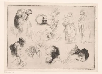 Composizione con teste di diversi uomini, un cammello e due figure in piedi