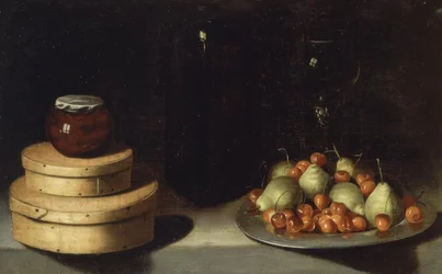 Natura morta (vassoio con ciliegie e pere, scatole e barattolo di miele)