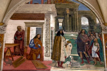 Vita di San Benedetto, scena 3: Benedetto ripara un colino rotto attraverso la preghiera