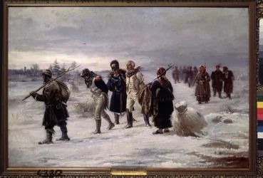 Nel 1812. (I prigionieri catturati della Grande Armata di Napoleone marciano nella neve, esausti, scortati da contadini russi). Dipinto di Illarion Mikhailovich Pryanishnikov (1840-1894), olio su tela