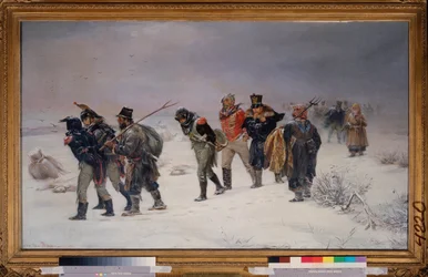 Nel 1812. (I prigionieri catturati della Grande Armata di Napoleone marciano nella neve, esausti, scortati da contadini russi). Dipinto di Illarion Mikhailovich Pryanishnikov (1840-1894), olio su tela