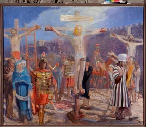 Il Calvario. Scena della Crocifissione. Ai lati, raffigurazione del buon ladrone, detto anche san Disma (o Dysmas, Dimas, Dumas), e del cattivo ladrone (Gesmas o Gestas), due ladri crocifissi con Gesù Cristo.
