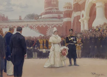 Nicola II riceve gli anziani del distretto rurale il 18 maggio 1896 nel cortile del Palazzo Petrovsky a Mosca, 1897