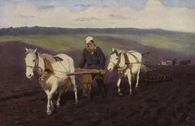 Lo scrittore russo Lev Tolstoj che ara nei campi, c.1887