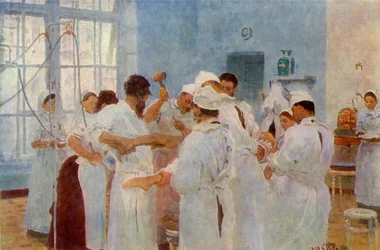 Chirurgo Yevgeni Vasilyevich Pavlov 1845-1916 in sala operatoria