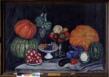 Verdure. Natura morta con zucche, carciofi, prugne, uva, mele, pere, melanzane, peperoni, cavolo, cavolfiore e anguria