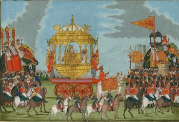 Raja di Tanjore che cavalca un elefante verso una cerimonia di matrimonio