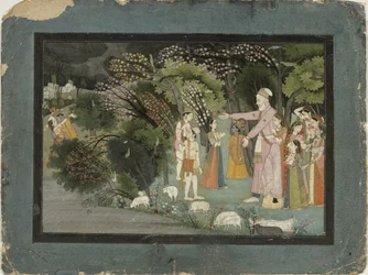 Nanda chiede a Radha di accompagnare Krishna a casa, dal Gita Govinda, Garhwal, Scuola Pahari, 1790
