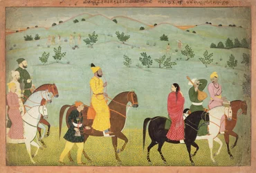 Un principe di Jasrota, possibilmente Balwant Singh, in una spedizione a cavallo, di Nainsukh (fl. 1740-50) Kashmir, c.1751