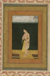 Una signora cammina in un giardino, foglio di album con dipinto, c.1730