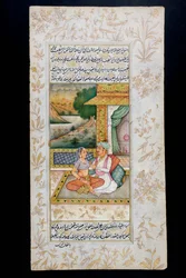 Un uomo corteggia una donna in una scena di boudoir, miniatura rajasthani