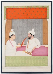 Ritratto di Raja Sansar Chand di Kangra e suo figlio Aniruda Chand, Kangra, Colline del Punjab, Nord India