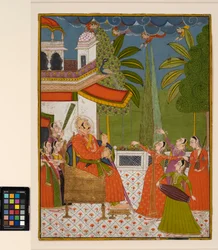 Un raja su un trono intrattenuto da ballerini e musicisti, c.1775