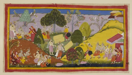 Add 15296 (1) f.101r, A sinistra Bharata, nella sua estrema angoscia, sviene dopo aver sentito il racconto di Guha del suo incontro con Rama, e viene rianimato da suo fratello e dalle regine. Kausalya gli dice che dipendono tutti completamente da lui. Guha