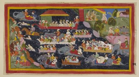 I due principi hanno ora deciso di indossare abiti da asceti come i loro fratelli esiliati. Ancora nel loro accampamento a destra, Bharata dice a Guha di procurare abbastanza barche per trasportarli tutti sulla riva opposta del Gange, c.1653