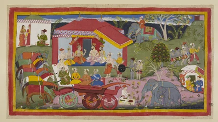 Add 15296 (1) f.104r, In una scena di accampamento, Guha il re Nishada viene introdotto nella riunione dei principi, Brahmini e ministri. I cavalli, sganciati dai carri, stanno in fila legati e zoppicanti, mentre un mahout prepara la polvere per il de