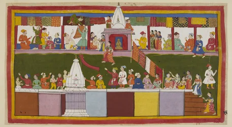 Nella strada principale della città di Ayodhya, i mercanti eccitati stanno decorando i loro negozi con i loro migliori broccati, mentre le persone si arrampicano sui tetti delle case e sui templi per assicurarsi la migliore vista della cerimonia di incoron