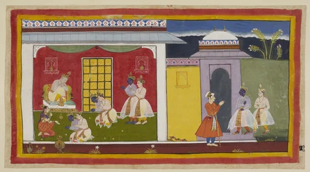 Add 15296 (1) f.31r, Rama e Laksmana a destra, con Rama ora cambiato in costume di corte contemporaneo, si avvicinano al cancello del palazzo di Kaikeyi e, lasciando i loro sandali alla porta, entrano nella sala delle udienze. Si inginocchiano rispettosame