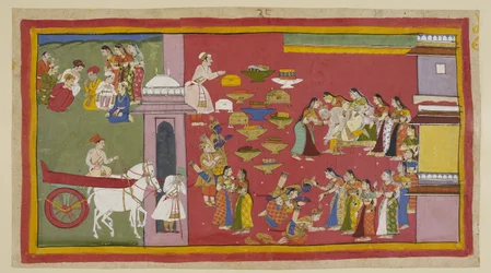 A destra, vedendo i suoi figli e Sita vestiti con abiti di corteccia, Dasaratha perde conoscenza e cade dal trono. I tre esiliati si inginocchiano davanti alle regine. Sita è abbracciata da Kausalyā, che le ricorda inutilmente che il suo primo dovere è ver