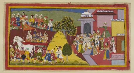 Add 15296 (1) f.57r, Rama, insopportabilmente angosciato alla vista dei suoi genitori anziani che corrono disperatamente dietro al carro, ha sollecitato il conducente. Il carro passa dietro una collina, ancora circondato dagli abitanti della città, mentre 