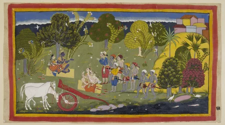 I compagni hanno raggiunto il fiume Gaṅgā a Srngaverapura. Rama e Sita sono seduti su un tappeto di paglia sotto un albero, mentre Laksmana e Sumantra sono seduti di fronte a loro. I cavalli sono stati disarmati