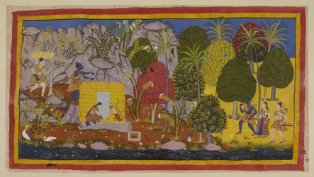 Add 15296 (1) f.70r, I tre esiliati si avvicinano a Citrakuta da destra lungo le rive del fiume Yamuna. Rama si meraviglia degli alberi e delle piante in fiore che coprono la montagna. A sinistra, su uno spazio pianeggiante vicino al fiume, i due fratelli 