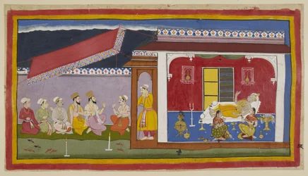 Add 15296 (1) f.76r, Dasaratha giace sul suo letto nella sua camera, le due regine sedute accanto a lui, tutti e tre nell