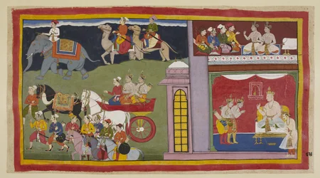 I messaggeri, in una camera superiore, dicono ai principi di tornare ad Ayodhyā. Sotto, nella sala del trono, vestiti per il viaggio, i principi salutano il re Kaikeyi e suo figlio Yudhājit. Si siedono in un carro con i messaggeri
