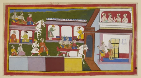 Add 15296 (1) f.85r, I principi nel loro carro attraversano la strada principale di Ayodhya, meravigliandosi del cambiamento nella città da quando l
