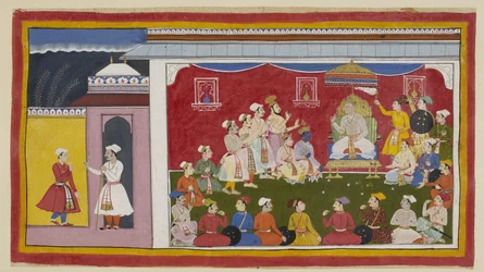Add 15296 (1) f.8r, Dasaratha è seduto sul suo trono in pieno durbar, con Rama e Laksmana inginocchiati accanto a lui, mentre il messaggero inviato da Bharata dalla corte di suo nonno racconta al re come i suoi altri due figli stanno studiando diligentemen