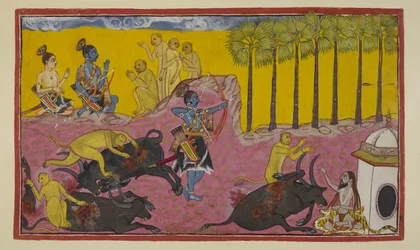 Sugriva e le sue scimmie, viste in alto a sinistra, continuano a raccontare a Rama e Laksmana la storia di Bālī e Dundubhi. Bālī era così potente che riuscì a strappare il demone membro per membro e poi a lanciare la carcassa in aria