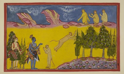 Sugriva è inizialmente spaventato, pensando che questi guerrieri armati siano stati inviati dal suo fratello usurpatore Bālī per distruggerlo. Manda il suo saggio ministro Hanuman a scoprire di più sui due stranieri. Hanuman si presenta