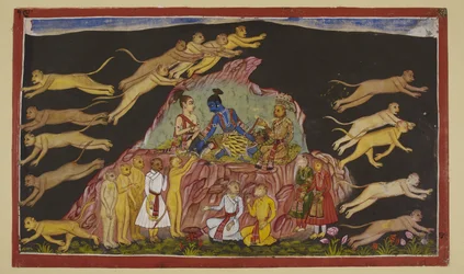 Add 15296 (2) f.49r, Rama, Laksmana e Sugriva sono seduti su un
