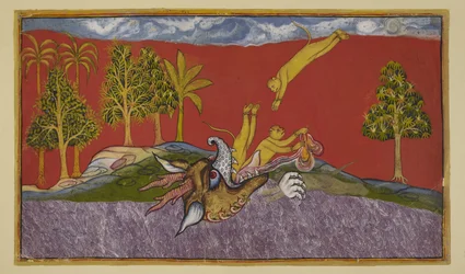 Hanuman si tuffa nella bocca della demone Siṁhikā
