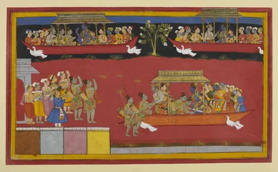Bharata e Śatrughna salutano Rāma e Sītā mentre il Puṣpaka se ne va