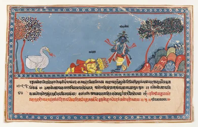Brahma adora Krishna, pagina da una serie dispersa di Bhagavata Purana, c.1800