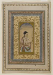 Cortigiana alla finestra, XVIII secolo (acquerelli, oro e inchiostro su carta)