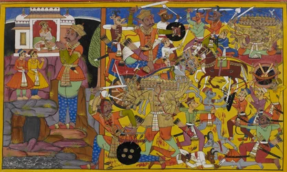Dhanada invia Manibhadra a combattere contro Rāvaṇa, mostrato mentre combatte ferocemente.
