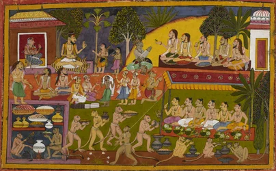 Durante il sacrificio di Aśvamedha, Vibhīṣaṇa onora gli asceti. Bharata e Śatrughna assistono ai rituali.