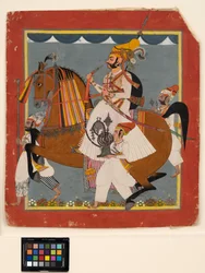 Raja Bhim Singh a cavallo con narghilè e servitori