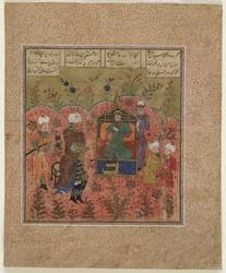 Foglio da uno Shahnama (Libro dei Re) di Firdawsi; Rustam davanti a Kay Kaus