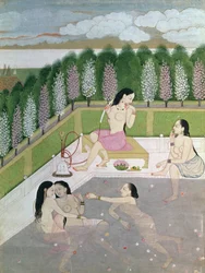 Ragazze al bagno, stile Pahari, scuola di Kangra, Himachal Pradesh, XVIII secolo