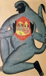 Hanuman rivela Rama e Sita racchiusi nel suo cuore, dipinto da un membro della casta Patua, 1880