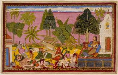 Hanumān attacca i demoni, distrugge il giardino del piacere e sconfigge le forze di Rāvaṇa mentre Sītā assiste. 1653 (miniatura)