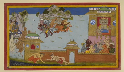 Hanumān respinge i demoni; Rāma e Rāvaṇa assistono alla scena