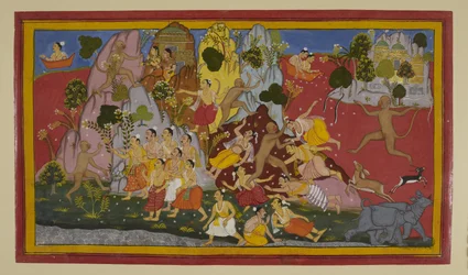 Hanumān combatte i gandharvas e sradica una montagna per ottenere erbe curative