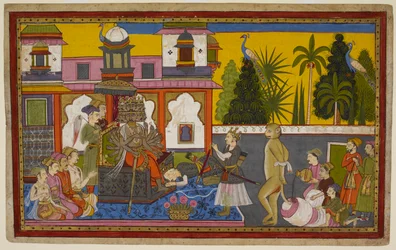 Hanumān viene catturato da Rāvaṇa, umiliato, ma fugge e dà fuoco alla città con la sua coda fiammeggiante. 1653 (miniatura)