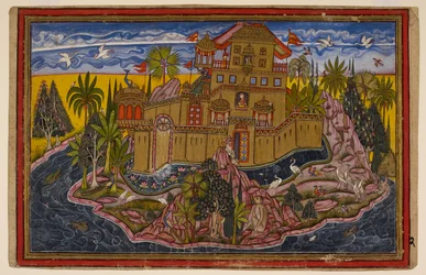 Hanumān, ora di dimensioni normali, osserva la città dorata di Laṅkā