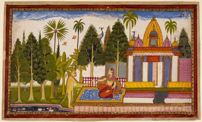 Hanumān si rivela a Sītā, offrendosi di salvarla, ma lei insiste che solo Rāma può farlo, donandogli un gioiello per Rāma. 1653 (miniatura)